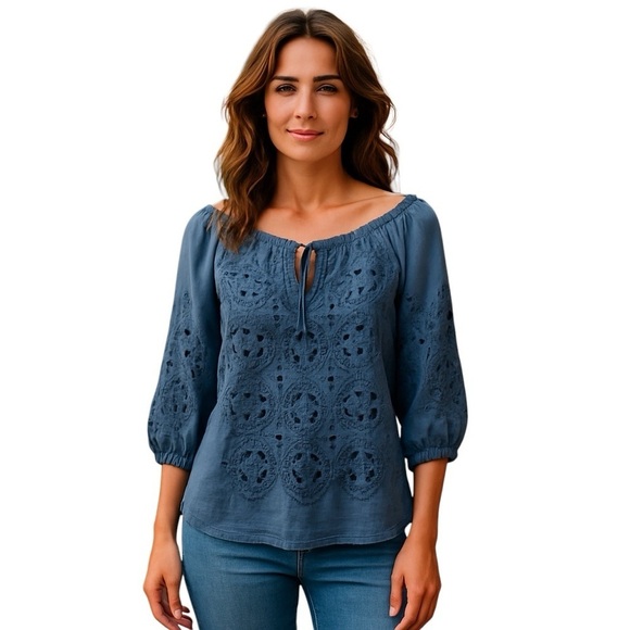 2/$30 LOVE SAM Peasant Lace Eyelet Tunic | Steel Blue | M - Picture 1 of 11